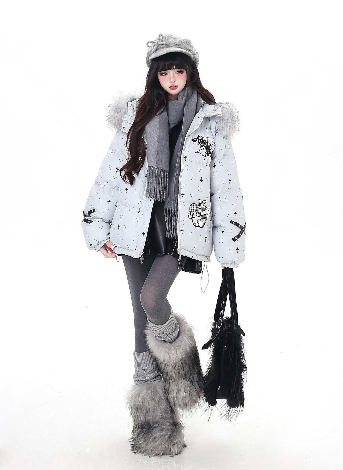 雪柄フード付き取り外し可毛襟コットンジャケット