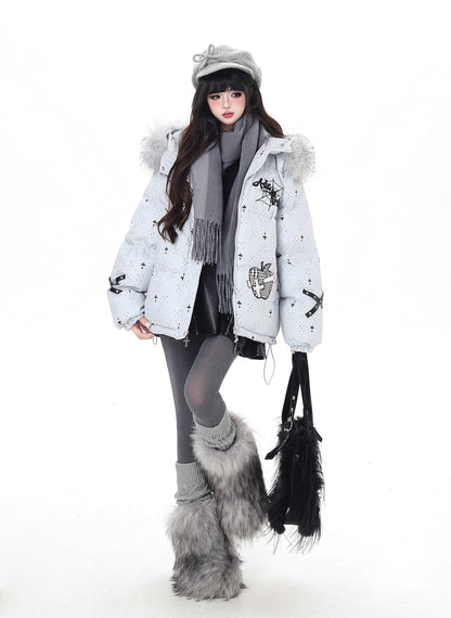 雪柄フード付き取り外し可毛襟コットンジャケット