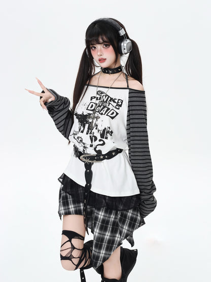 ロック系地雷ストライプホルターネック不規則Tシャツ秋