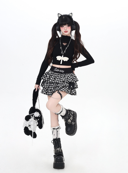 チェック刺繍リボンフレアスカート