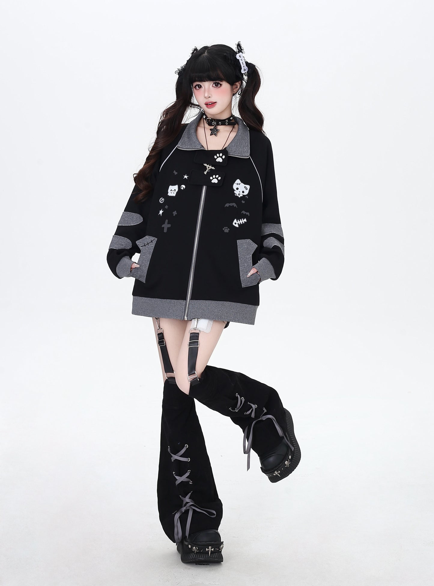 ねこ刺繍×スター柄 ラグランブルゾン