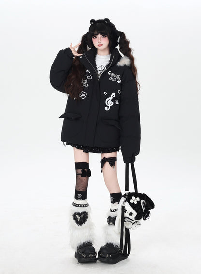 猫モチーフ 音符入り フード付き中綿ジャケット