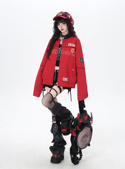 ストリートレトロ☆アメカジバイク風ゆるデザインブルゾン