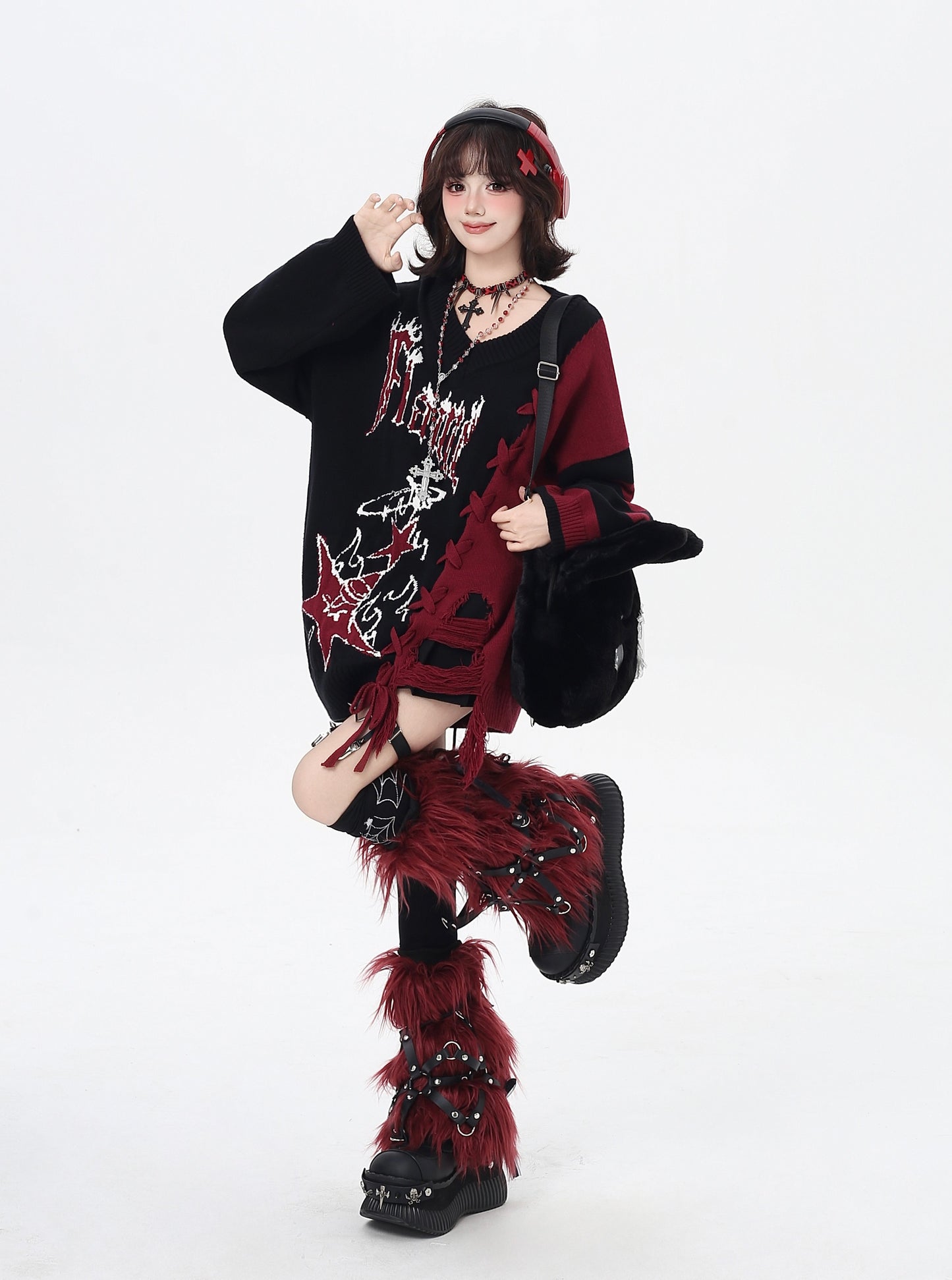 ゆるギャル系 Vネック配色リボンニット♡秋冬甘辛ミックス