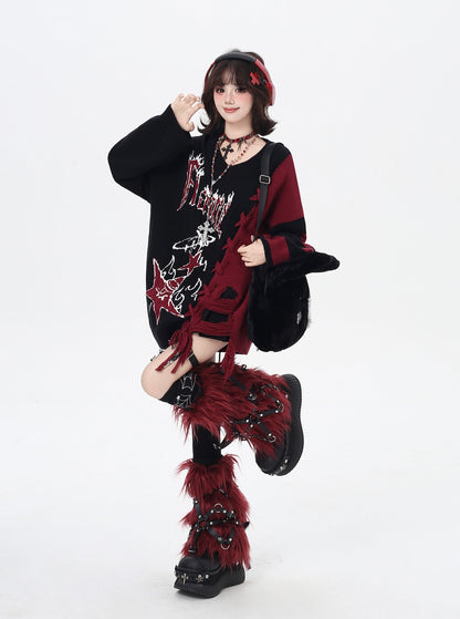 ゆるギャル系 Vネック配色リボンニット♡秋冬甘辛ミックス