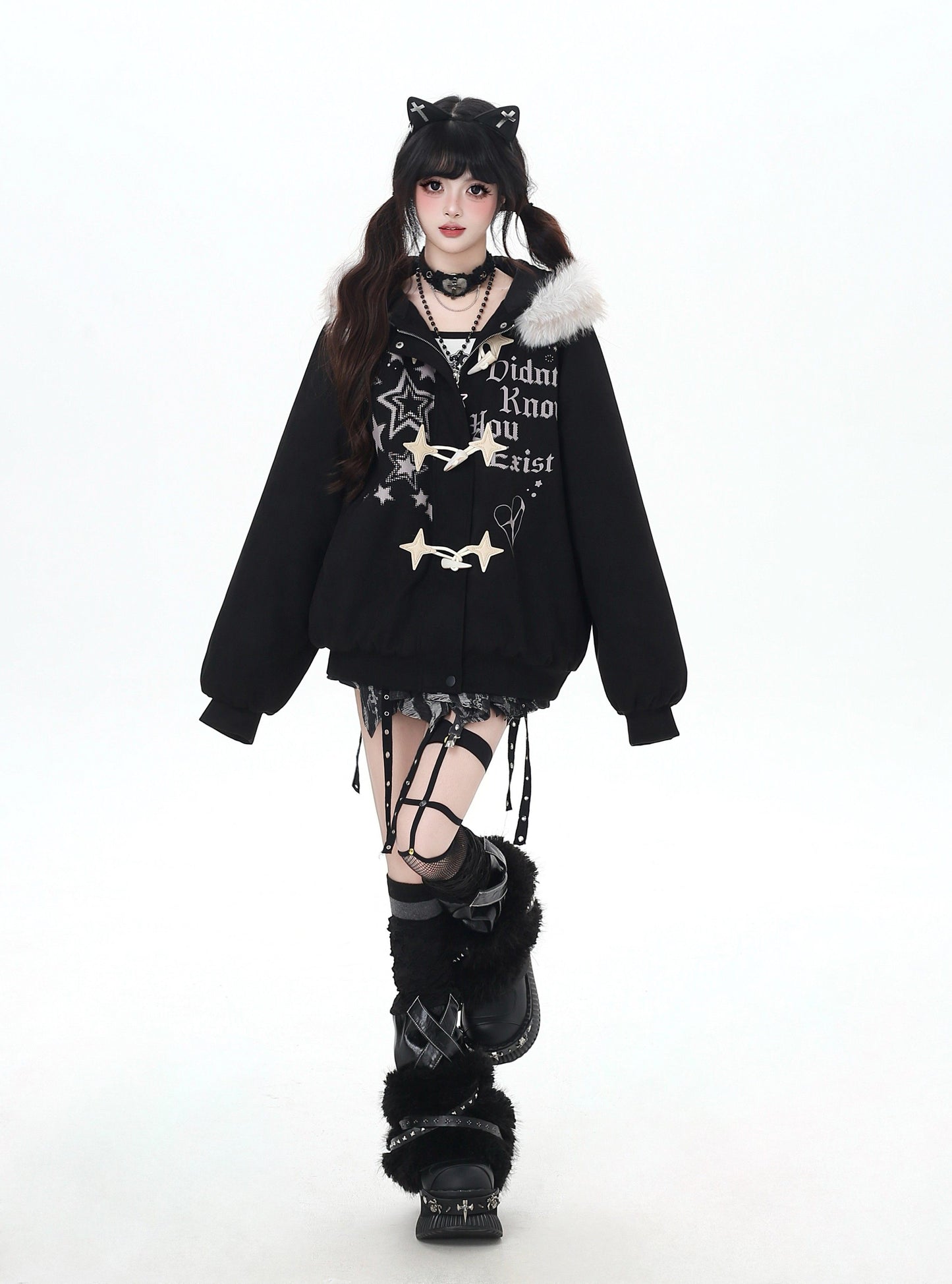 星柄レター×ボア襟取り外し可能 ゆるシルエット中綿ジャケット