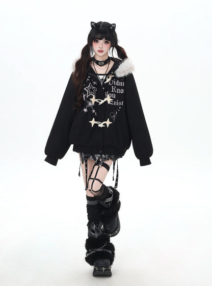 星柄レター×ボア襟取り外し可能 ゆるシルエット中綿ジャケット