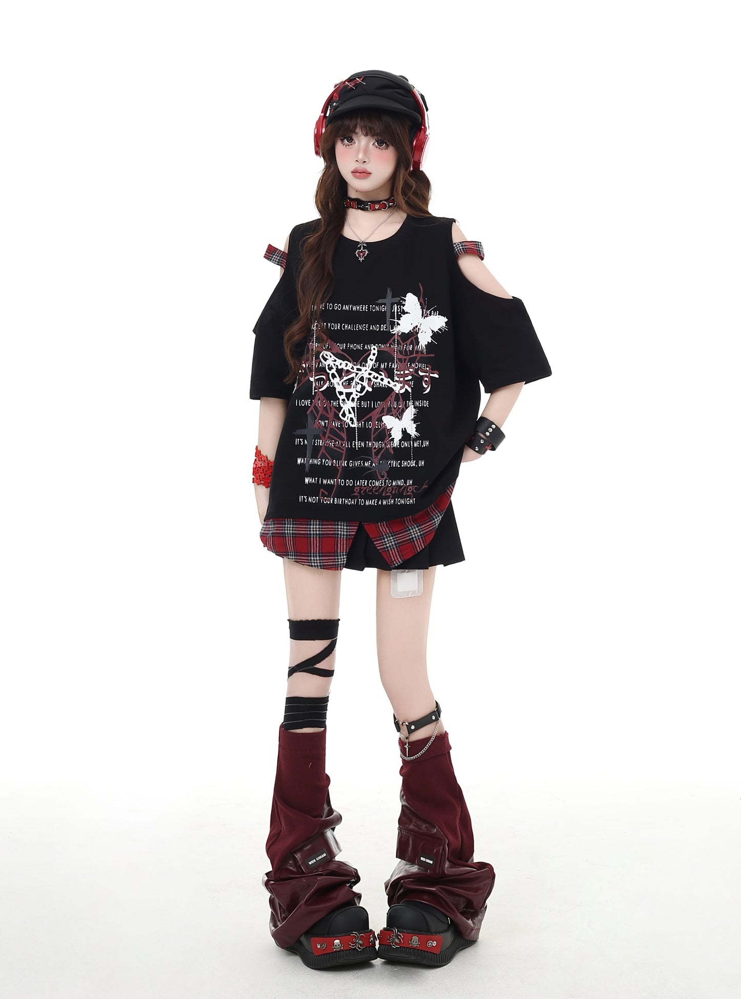 パンク風チェック柄オープンショルダーゆったりTシャツ