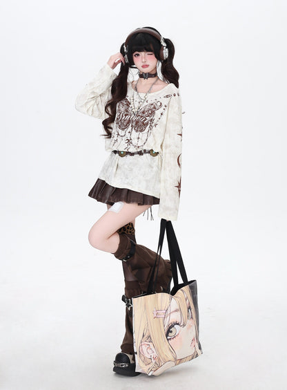 クラッシュ加工 バタフライ柄ロングスリーブT