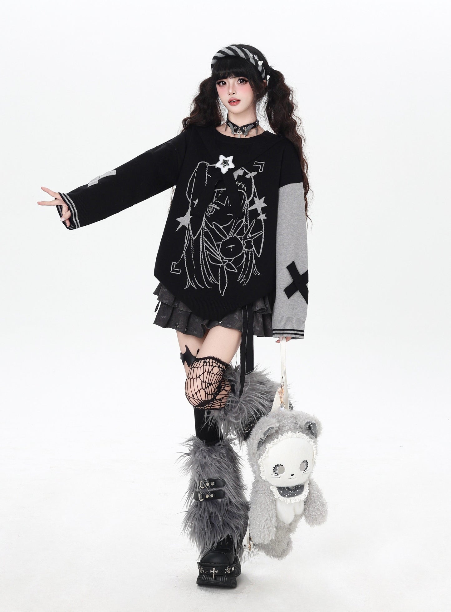 ゴシック サブカル 肩見せイラストプリントニット