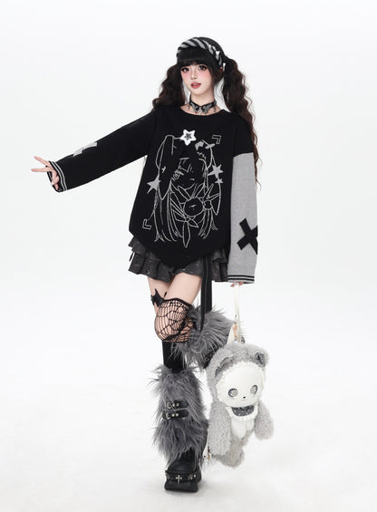 ゴシック サブカル 肩見せイラストプリントニット