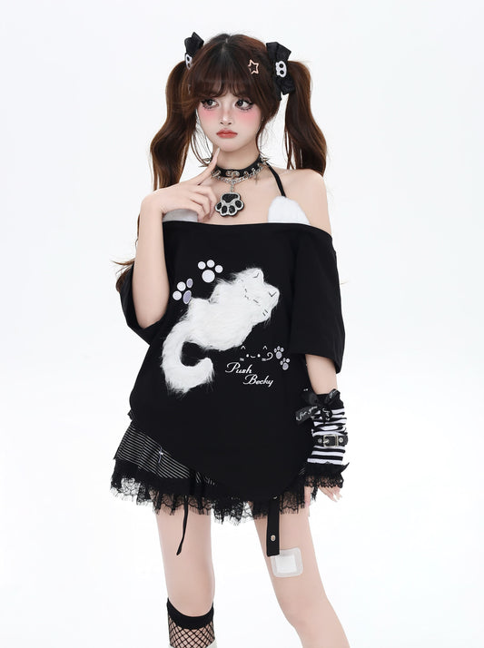立体ネコ×オフショルゆるTシャツ