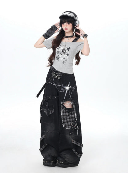 星柄フェイクレイヤード肩出しTシャツ
