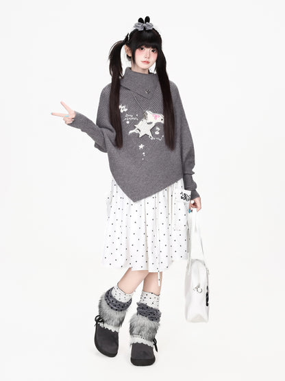 イルカ柄ハイネックポンチョニット