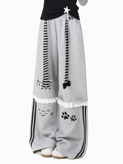 猫刺繍レースワイドパンツ