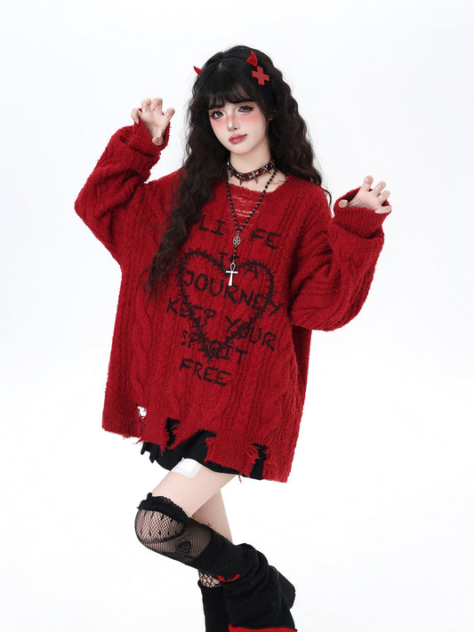 ヴィンテージハート×ダメージVネックゆるカジュアルニット