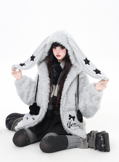 うさ耳フード×星柄ボアジャケット