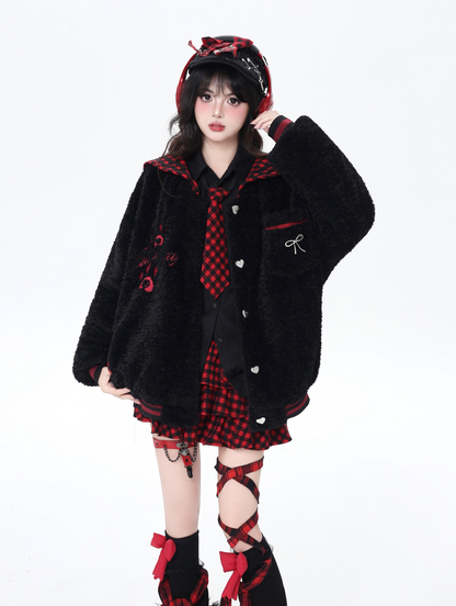 チェックセーラー襟ボアジャケット