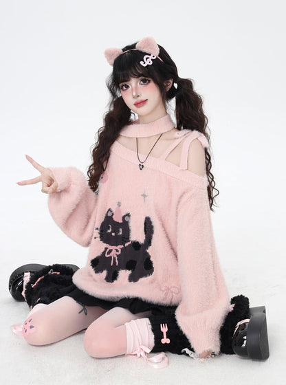ねこ刺繍オフショルふわもこニット｜ガーリースタイル