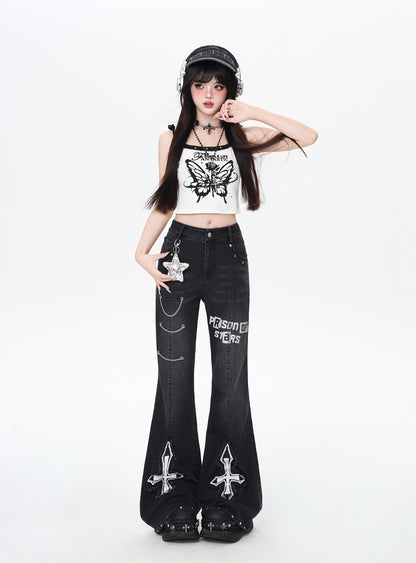 オリジナル甘辛Y2Kチェーンハイウエストデニムフレアパンツ