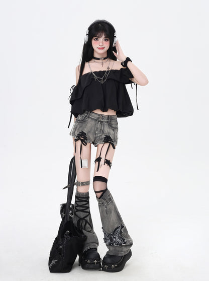 レースアップローライズデニムショートパンツ