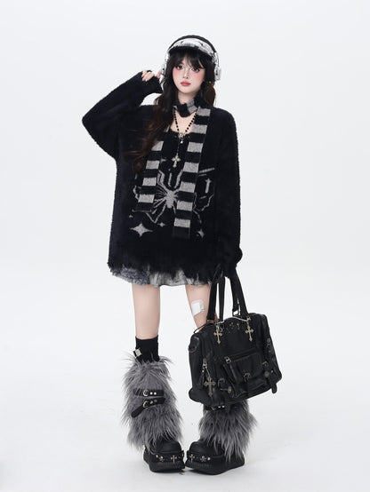 Vネック蝶モチーフふわもこニット＋マフラー