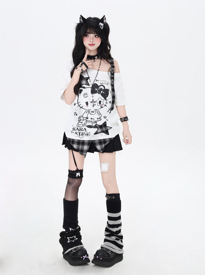 ネコ柄×チェック肩あきTシャツ