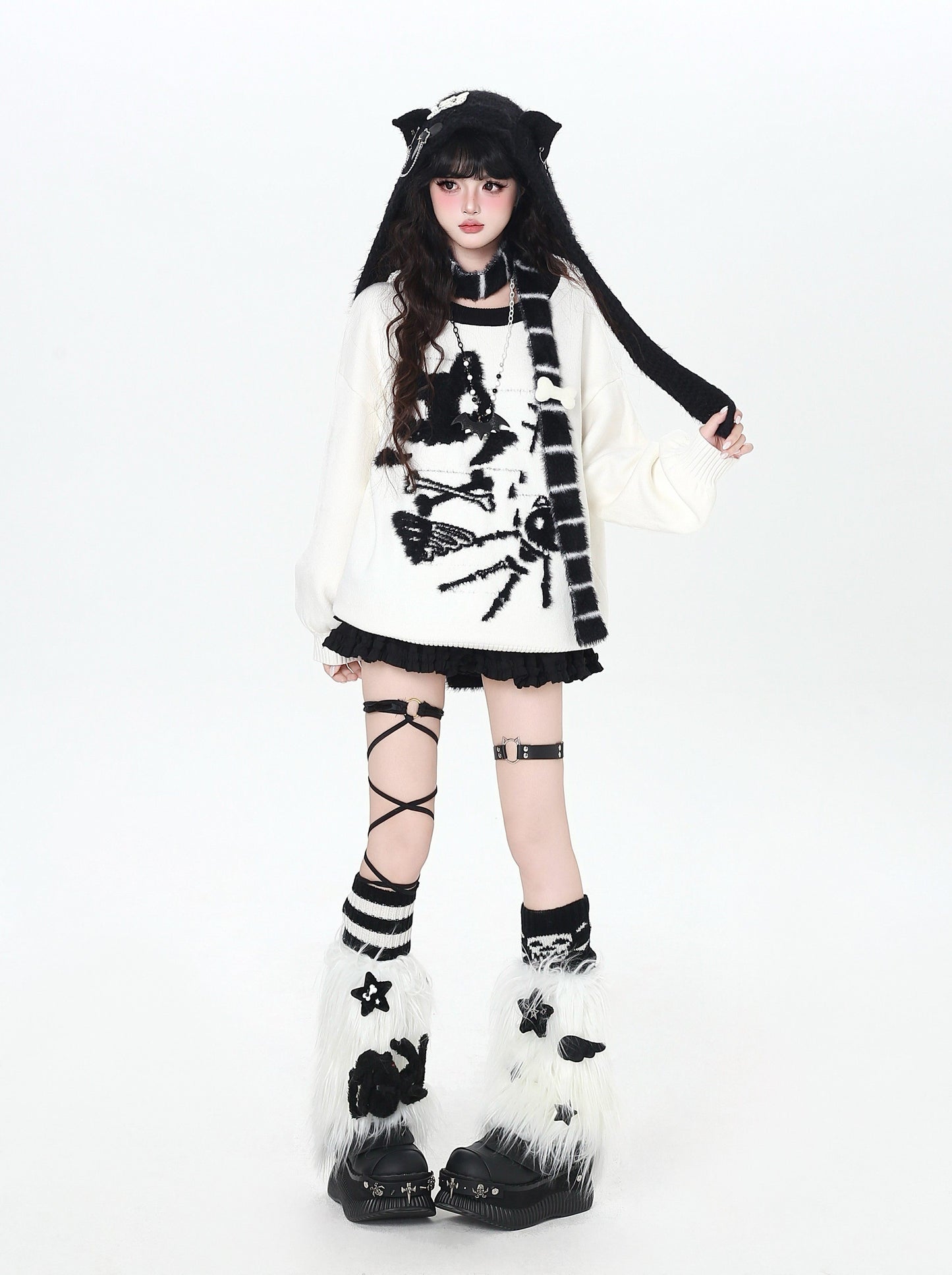 白黒ねこモチーフ ルーズニットプルオーバー｜秋冬ゆるサブカル