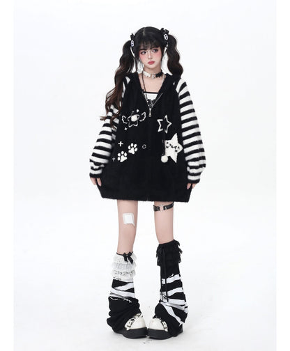 星柄ボーダーVネックフーディーニットカーデ