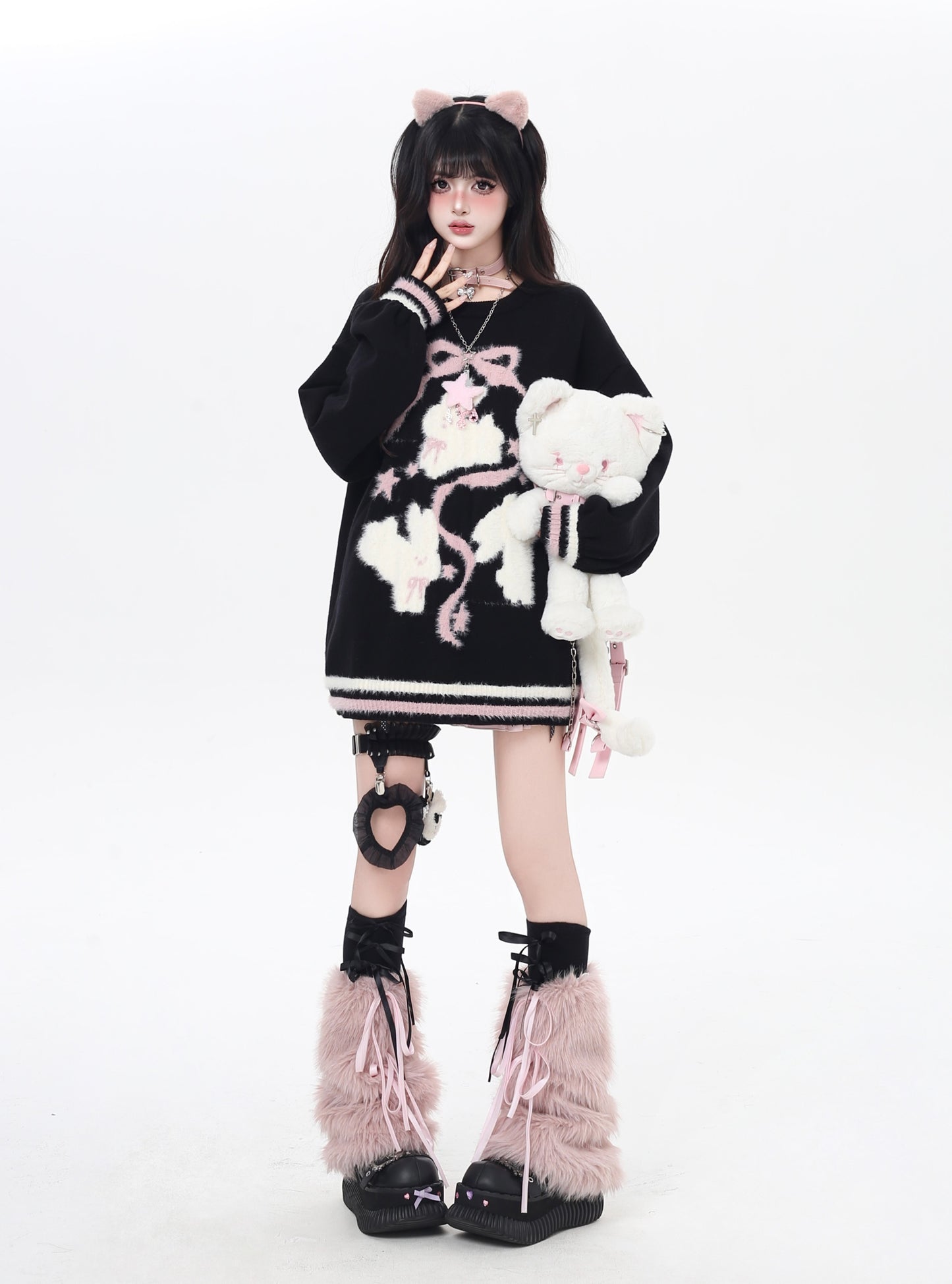 ゆる地雷 うさみみ×リボン ニットセーター 秋冬 オーバーサイズ 量産型 Y2Kコーデ