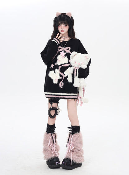 ゆる地雷 うさみみ×リボン ニットセーター 秋冬 オーバーサイズ 量産型 Y2Kコーデ