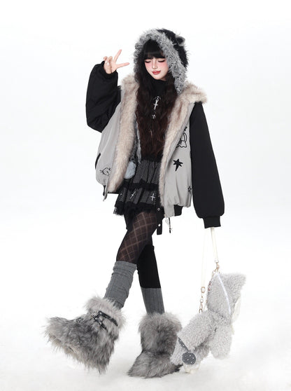 猫耳刺繍 ボリューム中綿アウター