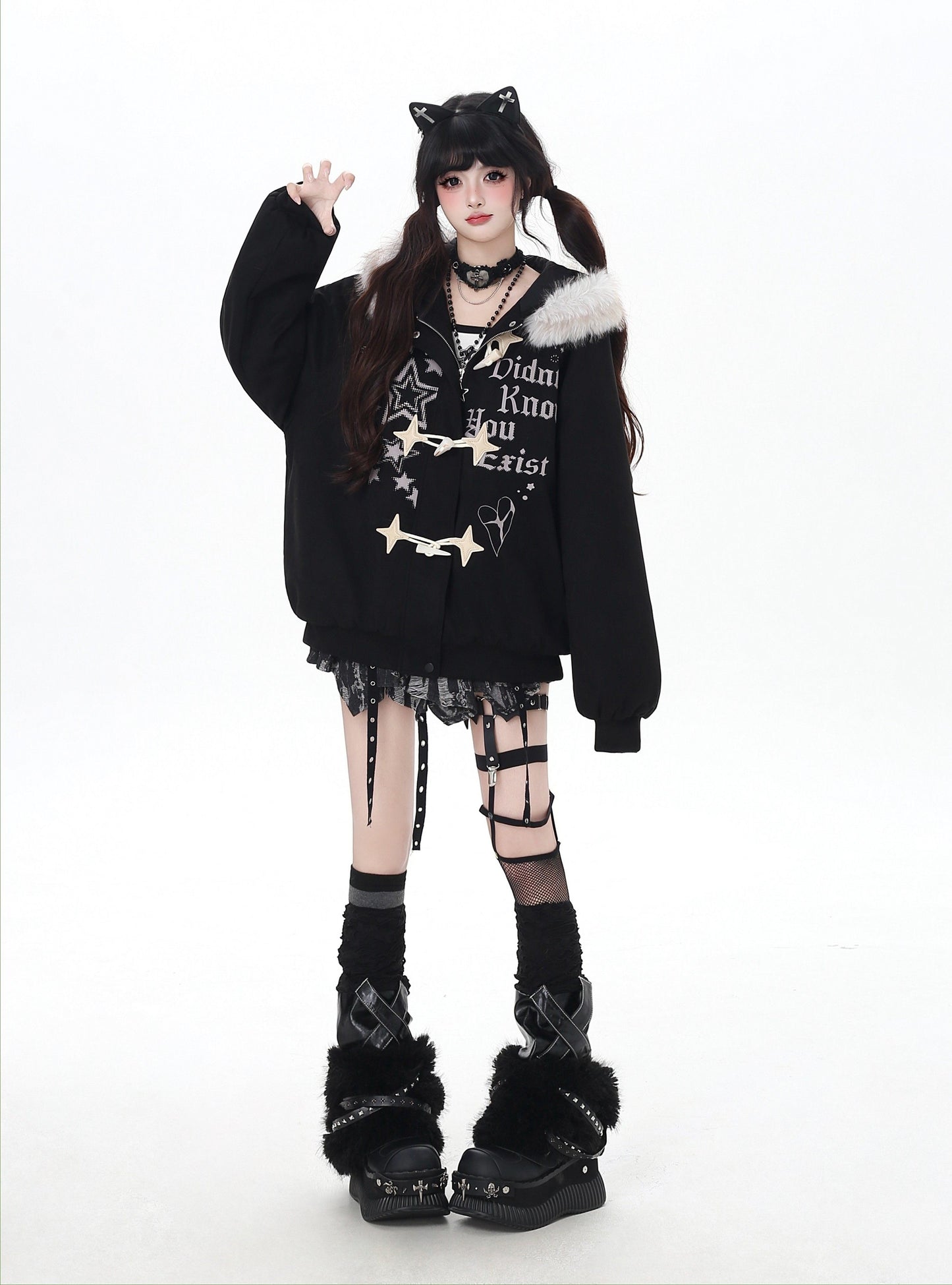 星柄レター×ボア襟取り外し可能 ゆるシルエット中綿ジャケット