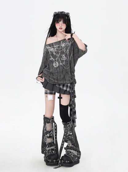 甘辛廃墟風破れ肩出しミドル丈ゆるTシャツ