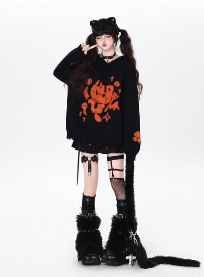 ねこモチーフ フード付きルーズニット｜黒×グレー サブカル