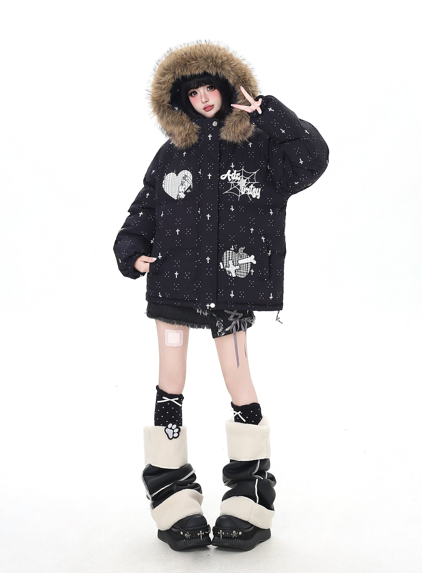 雪柄フード付き取り外し可毛襟コットンジャケット