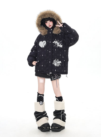 雪柄フード付き取り外し可毛襟コットンジャケット