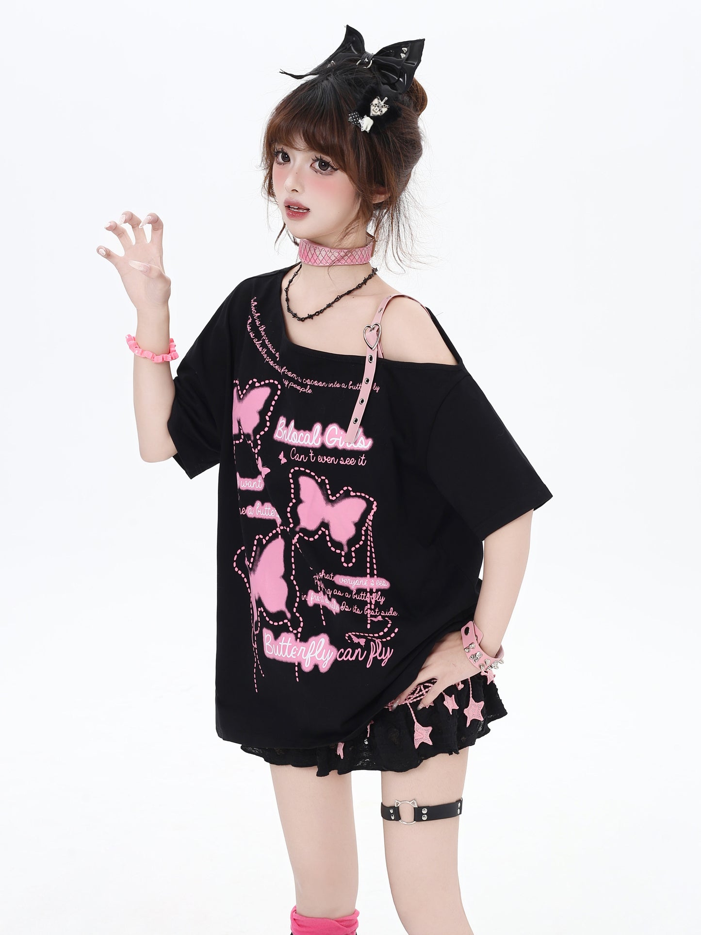 蝶々モチーフオフショルダーTシャツ