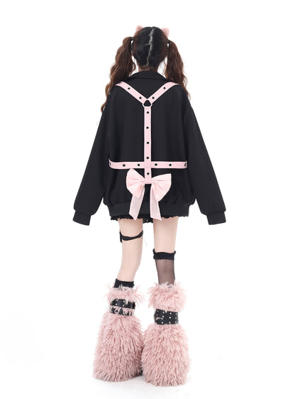 蝶結バックデザインのカジュアル棒球ジャケット