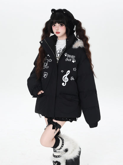 猫モチーフ 音符入り フード付き中綿ジャケット