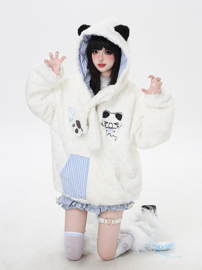 ねこモチーフチェックフード付きボアジャケット