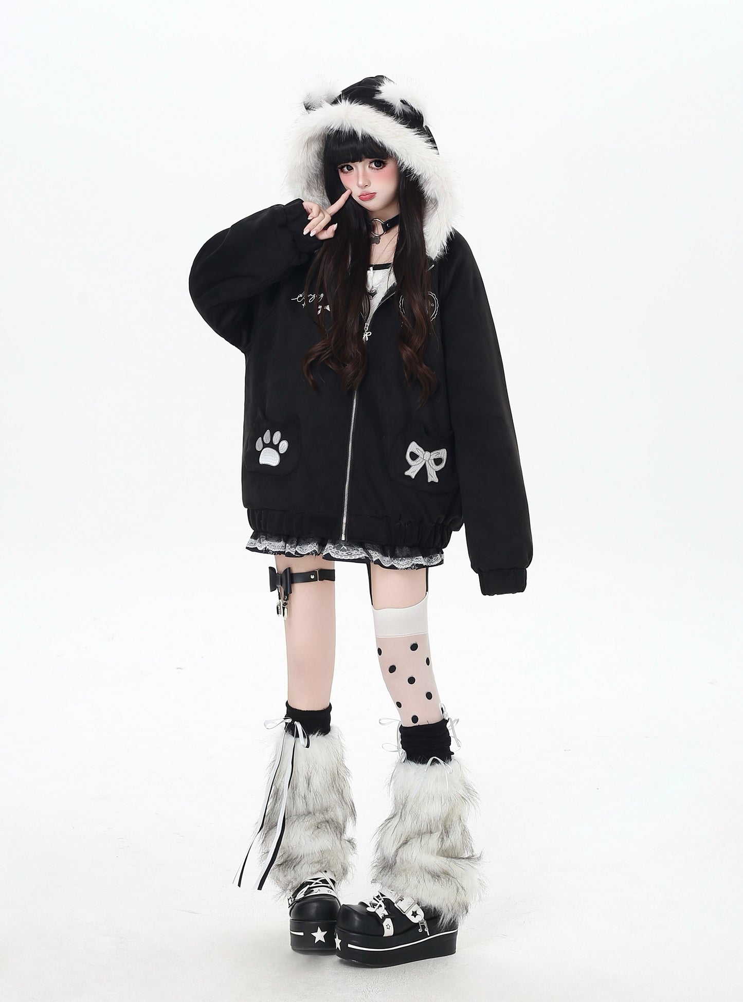 ねこ耳フード付きボアコットンジャケットコーデ
