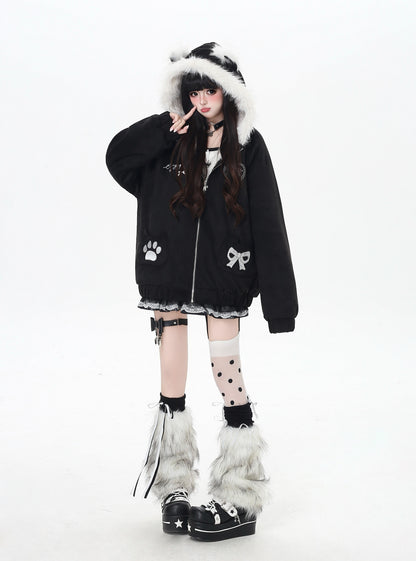 ねこ耳フード付きボアコットンジャケットコーデ
