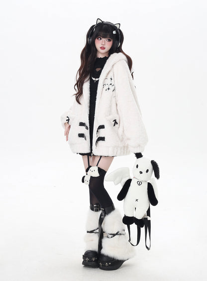 刺繍ねこ耳フード付き厚手ボアジャケット