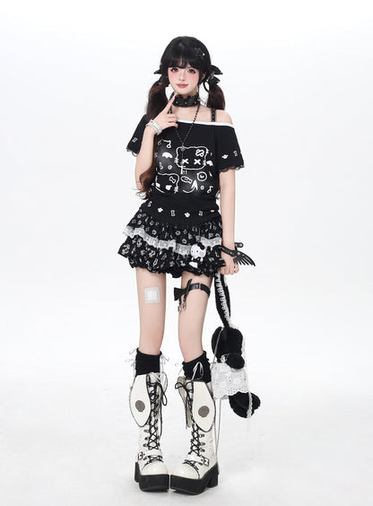 ねこプリントレースキャミレイヤード風T