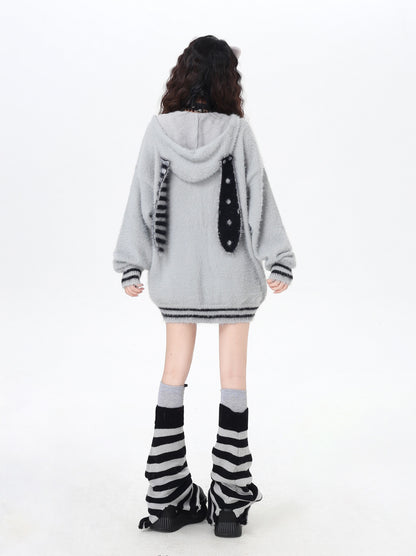 うさ耳フーディー付きゆるカワカーディガン秋冬