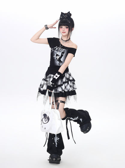 ドット×チェックふんわりティアードスカート