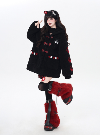 キャットモチーフ刺繍フードボアジャケット