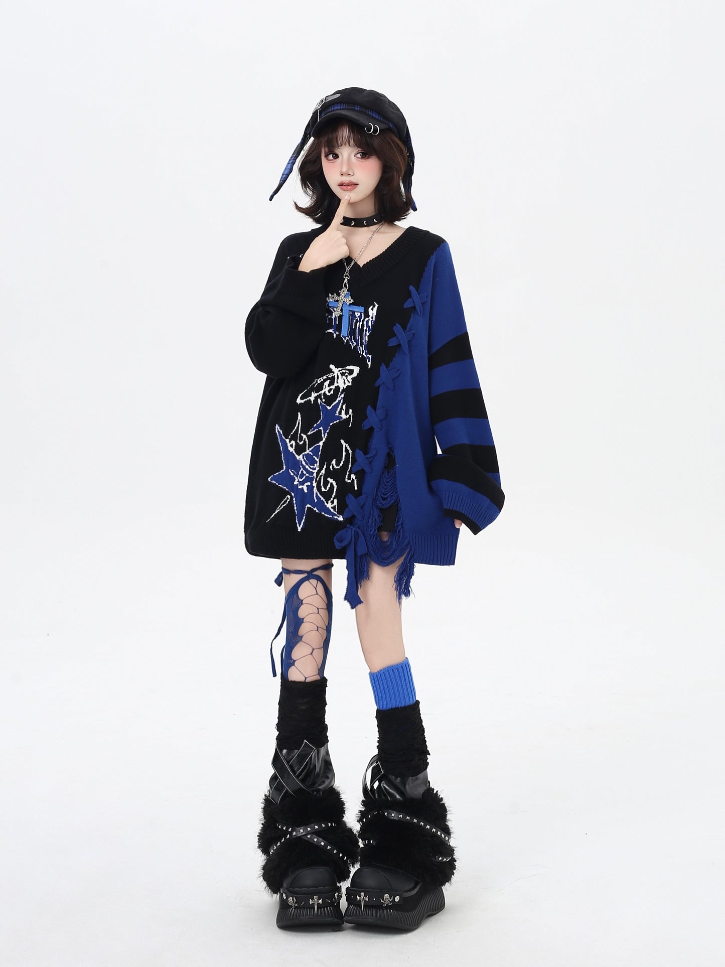 ゆるギャル系 Vネック配色リボンニット♡秋冬甘辛ミックス