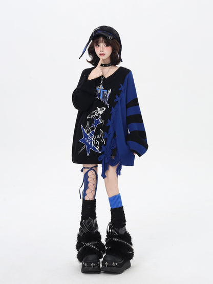 ゆるギャル系 Vネック配色リボンニット♡秋冬甘辛ミックス